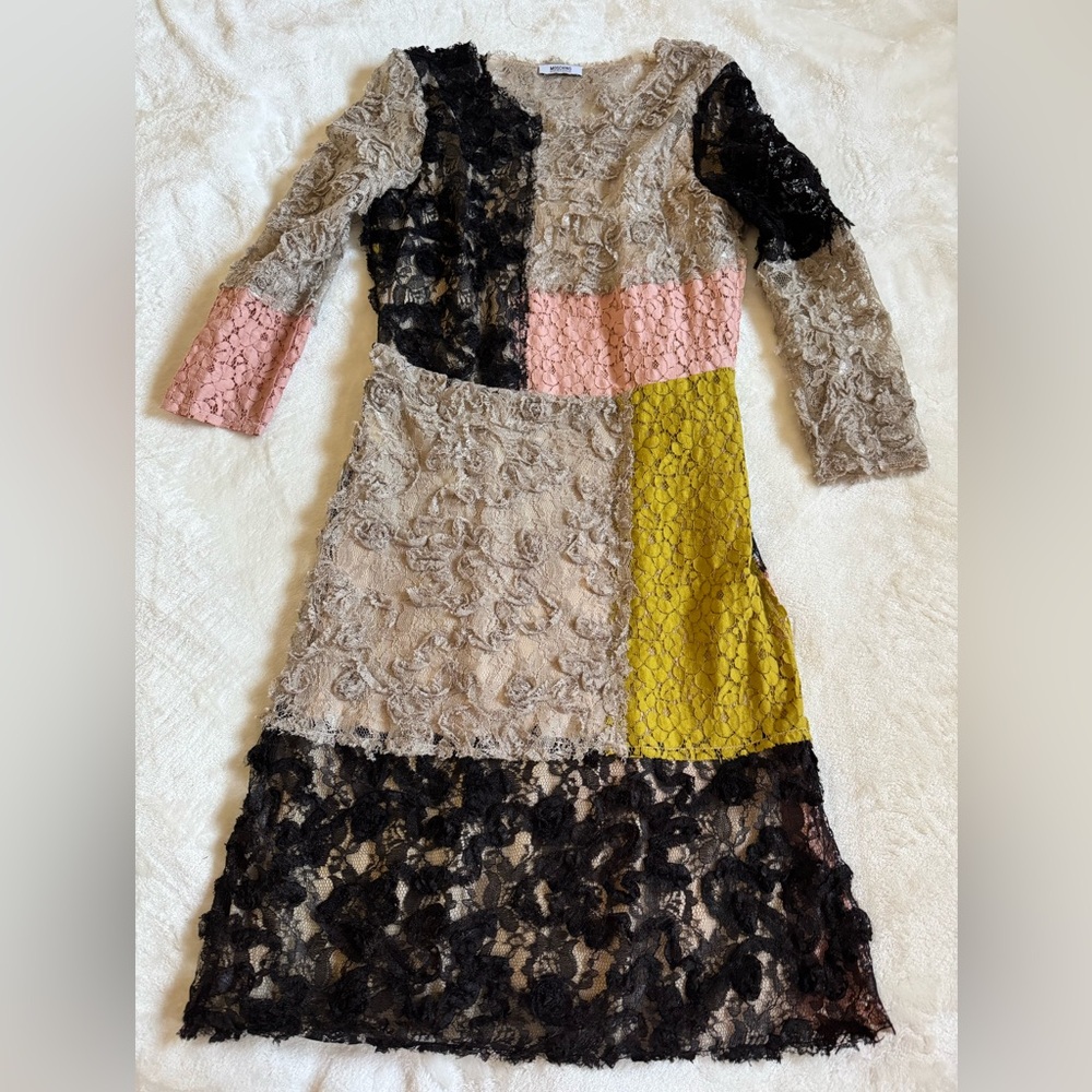 Moschino Long Sleeve Lace Patchwork Dress - Pink, Yellow, Black, Cream